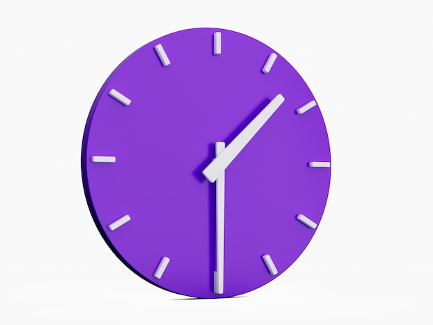 Representación 3d abstracta mínima reloj de pared púrpura en blanco La hora es 1 30 o la una y media