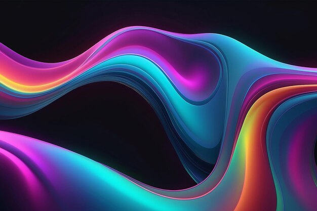 Representación 3D abstracta de ondas de neón iridiscentes en un fondo oscuro