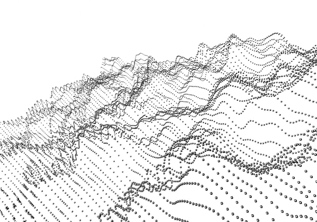 Foto representación 3d abstracta de ondas con partículas sobre fondo blanco fondo futurista con líneas de muchas esferas de baja poli diseño para cartel de portada de cartel