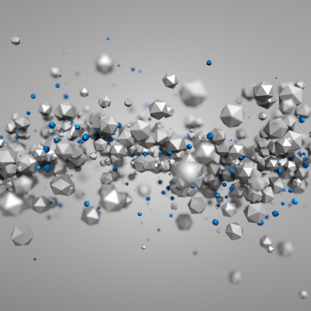 Representación 3d abstracta de partículas caóticas. Esferas de baja poli en el espacio vacío. Fondo futurista.
