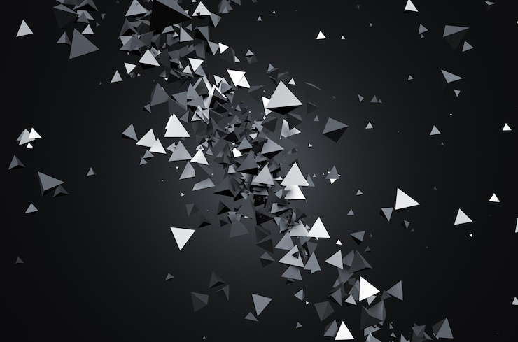 Foto representación 3d abstracta de partículas caóticas. pirámides de ciencia ficción en el espacio vacío. fondo futurista.