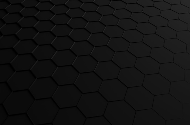 Representación 3d abstracta de superficie futurista con hexágonos. Fondo negro de ciencia ficción.