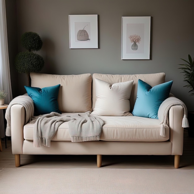 Representación 3D de un acogedor sofá interior con sofá y almohada sobre fondo claro