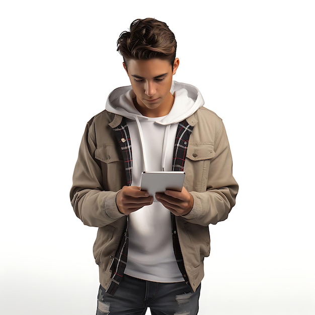 Representación 3D de un adolescente enviando correos electrónicos en una tableta Representación 3D en concepto creativo Digital Native Gen Alpha