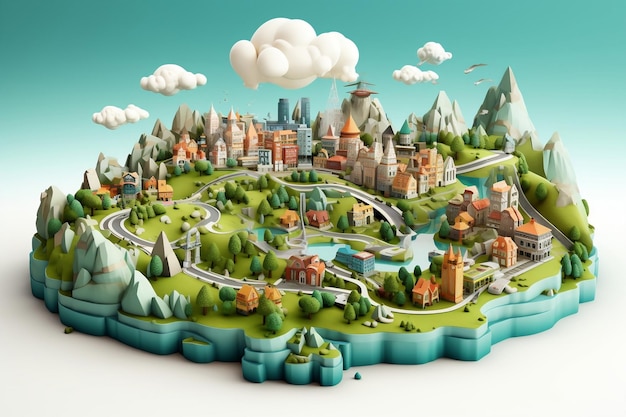 Representación 3D de ai generativo de tierra de ciudad de dibujos animados
