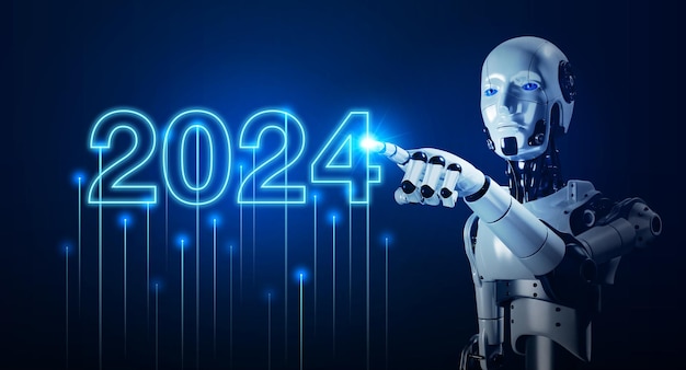 Representación 3d AI robot humanoide tocando el número de año calendario 2024 que brilla sobre fondo azul oscuro Feliz año nuevo Crecimiento empresarial y desarrollo tecnológico con inteligencia artificial