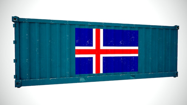 Representación 3d aislada contenedor de carga marítima texturizado con bandera nacional de Islandia