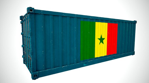 Representación 3d aislada envío contenedor de carga marítima texturizado con bandera Bandera nacional de Senegal