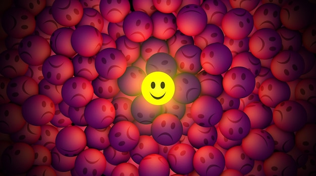 Representación 3D de una alegre carita sonriente entre muchas caritas tristes