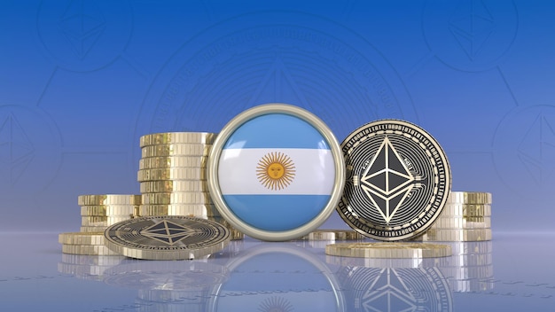 Representación 3d de algunas monedas Ethereum que rodean una insignia con la bandera argentina