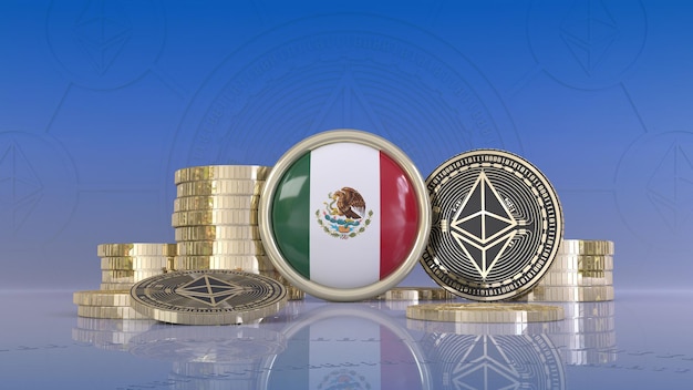 Representación 3d de algunas monedas Ethereum que rodean una insignia con la bandera mexicana