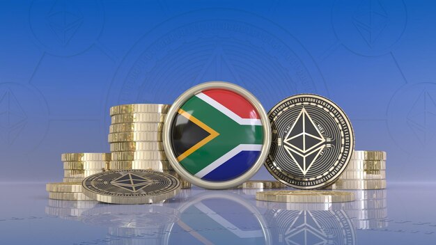 Representación 3d de algunas monedas de Ethereum que rodean una placa con la bandera sudafricana