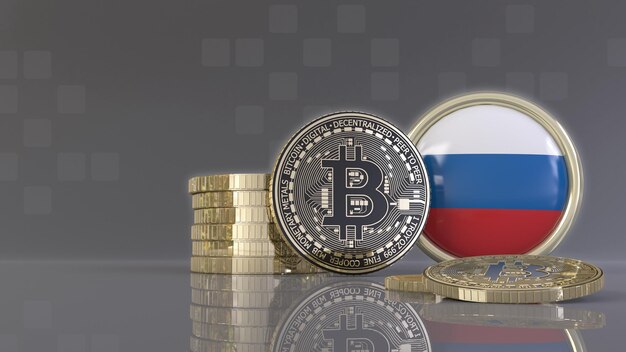 Representación 3D de algunos Bitcoins metálicos delante de una insignia con la bandera rusa