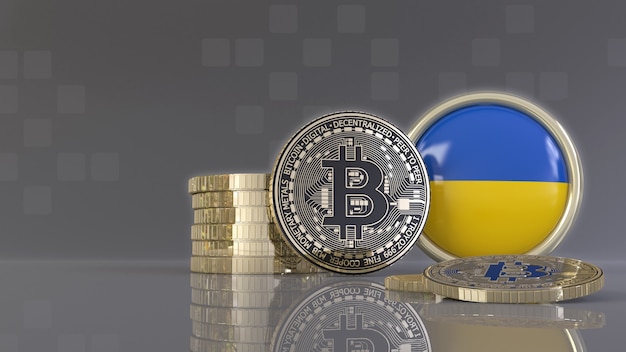 Representación 3D de algunos Bitcoins metálicos delante de una insignia con la bandera de Ucrania