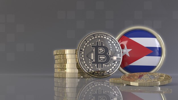 Representación 3D de algunos Bitcoins metálicos frente a una insignia con la bandera cubana