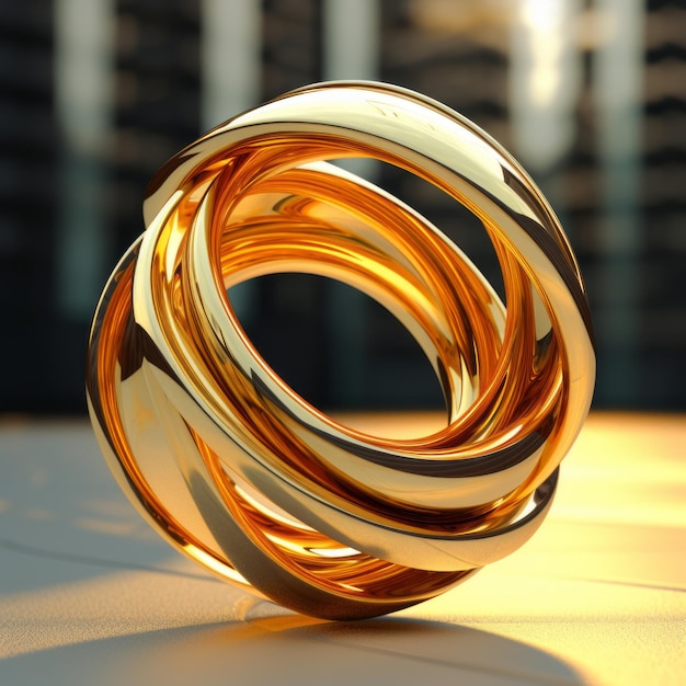 Representación 3D de un anillo de oro encima de una mesa