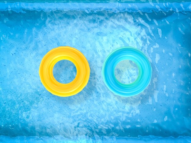 Foto representación 3d de anillos de natación en la vista superior de la piscina