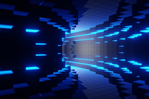 Representación 3d de la animación del fondo del túnel tecnológico digital futurista azul