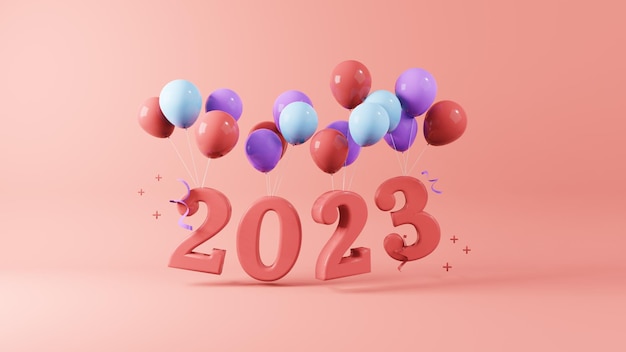 Representación 3D año nuevo 2023 colgando de un montón de globos con confeti y cintas