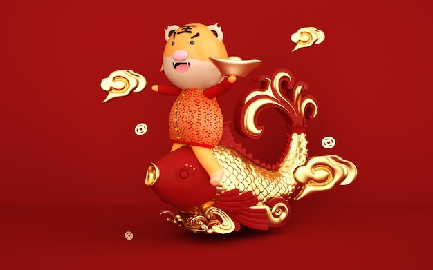 Representación 3D Año nuevo chino dorado 2022. año nuevo lunar año del tigre