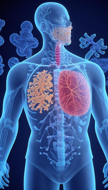 Representación 3D de antecedentes médicos con figura masculina y pulmones y células del virus Covid 19