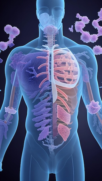 Representación 3D de antecedentes médicos con figura masculina y pulmones y células del virus Covid 19