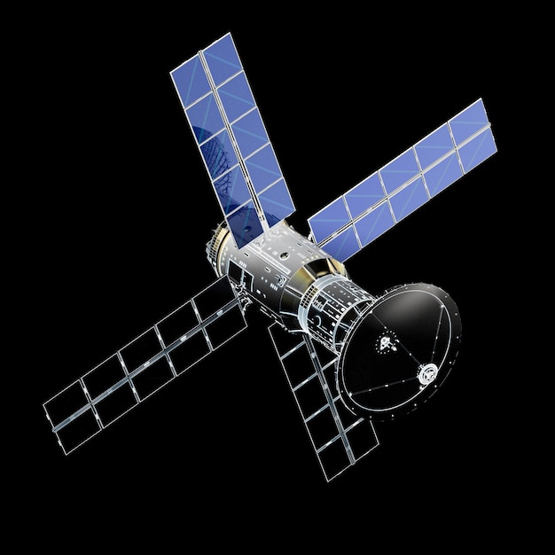 Representación 3D de una antena satelital con panel solar aislado sobre un fondo negro