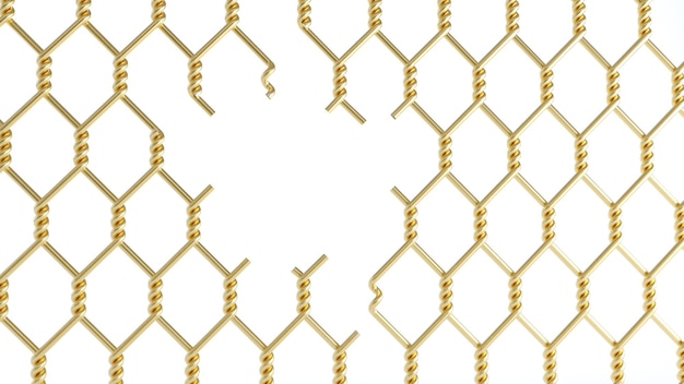 Representación 3D de apertura en valla metálica dorada aislada en rejilla de acero blanco o red con agujero Valla de alambre dorado rota