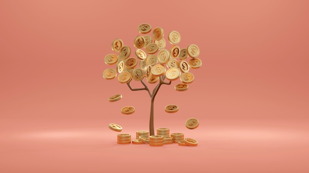 Representación 3D del árbol del dinero con hojas de monedas de oro cayendo en concepto de ahorro de inversión de dinero