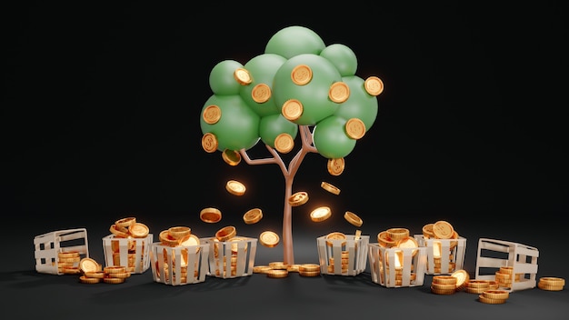 Representación 3D del árbol del dinero con monedas de oro cayendo a cestas y suelo en segundo plano.