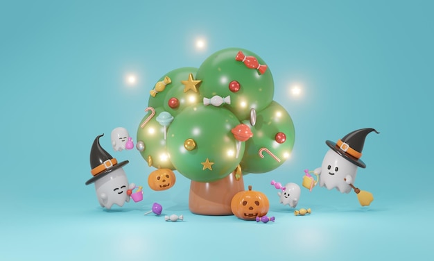 Foto representación 3d de árbol con fantasma de caramelo y calabaza concepto de fondo de halloween 3d render estilo de dibujos animados