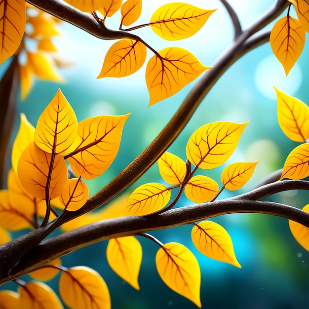 Una representación 3D de un árbol con hojas de color amarillo brillante y un estilo abstracto