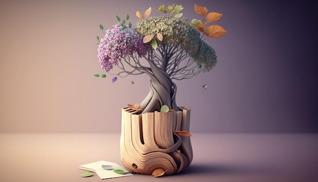 Una representación 3d de un árbol con hojas y flores.