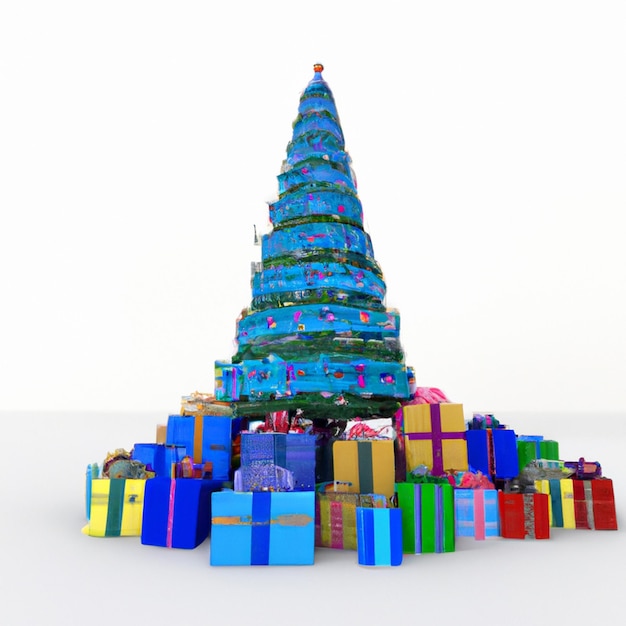 Representación 3D de árbol de Navidad con cajas de regalo.
