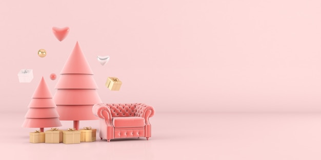 Representación 3D del árbol de Navidad con fondo rosa