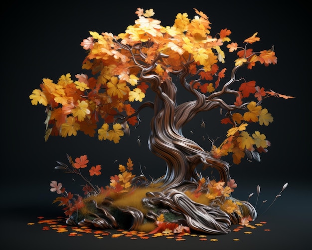 representación en 3D de un árbol de otoño sobre un fondo negro