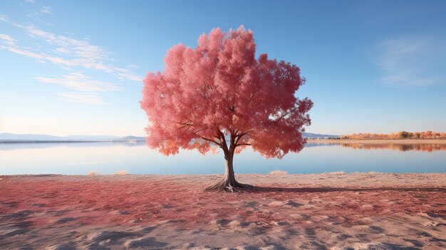 Representación 3D de un árbol rosado en la orilla de un lago