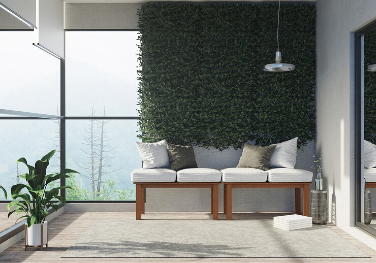 Representación 3D del área de la sala de estar zona de la sala de estar semi al aire libre de la casa gran ventana de vidrio y luz