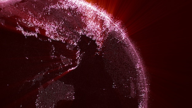 Representación 3D, un artículo rojo mundial giro mundial en fondo oscuro.