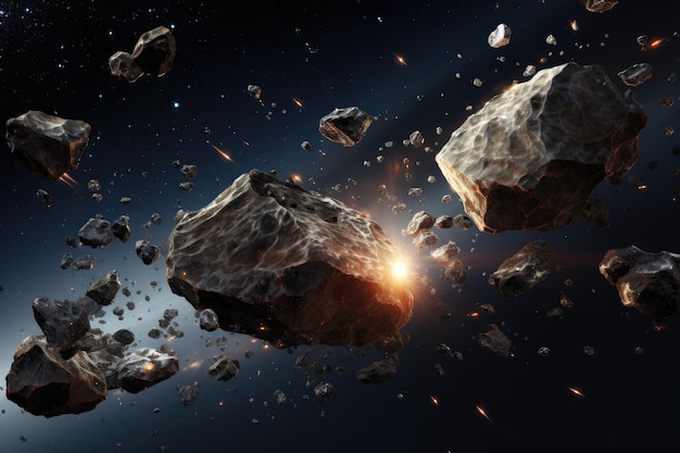 representación 3D de un asteroide en el espacio con estrellas y nebulosas explosiones de meteoritos fragmentos y pedazos de piedras AI Generado