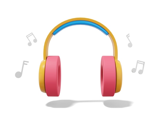 Representación 3d Auriculares multicolores con notas musicales sobre fondo blanco Vista frontal