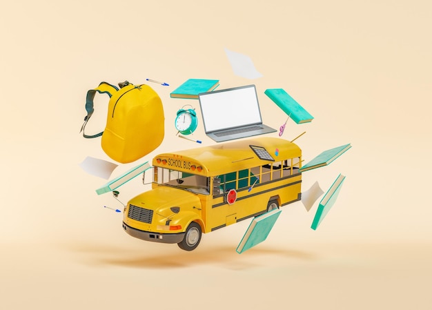 Representación 3D de autobuses y útiles escolares.
