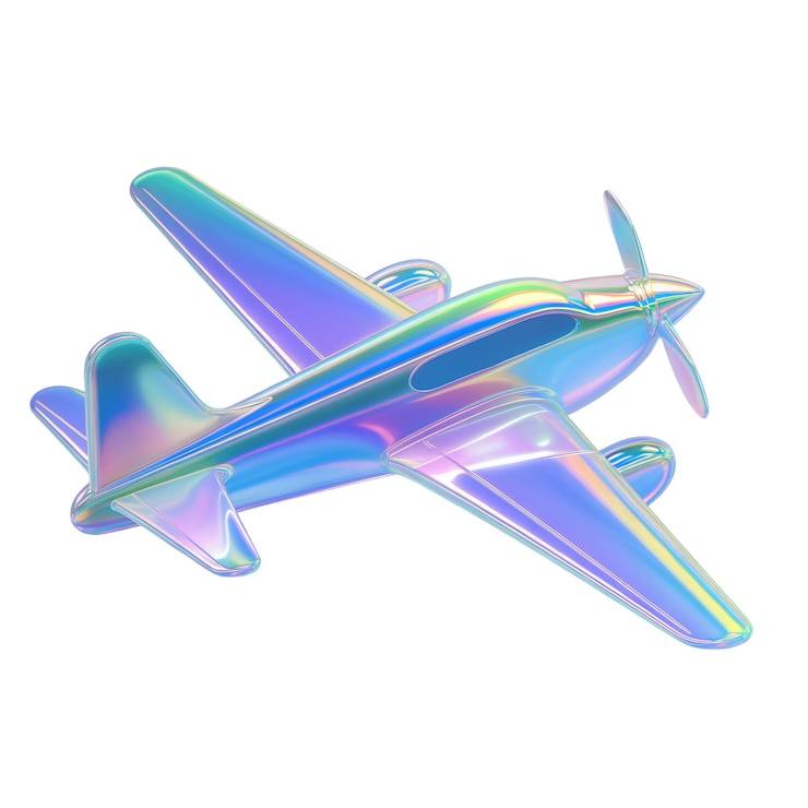 Una representación 3D de un avión iridescente flotando en el aire El avión es holográfico