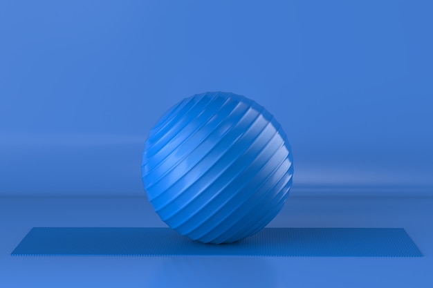 Representación 3D azul bola de fitness estera de yoga azul y fondo azul