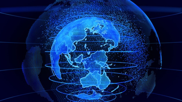 Representación 3D azul del fondo de comunicaciones y negocios de tecnología de la tierra Globo terráqueo