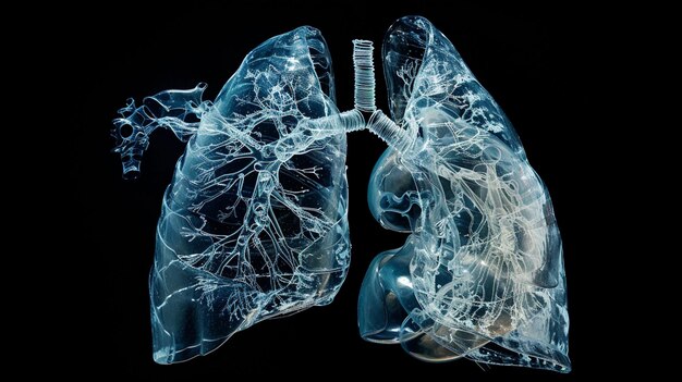 Foto representación 3d azul luminoso de los pulmones humanos que destaca la intrincada estructura de los sistemas respiratorios