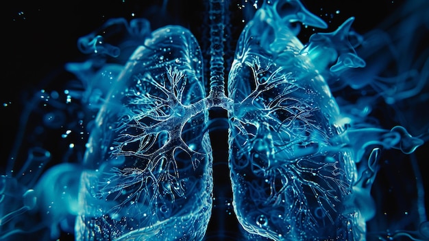 Foto representación 3d azul luminoso de los pulmones humanos que destaca la intrincada estructura de los sistemas respiratorios