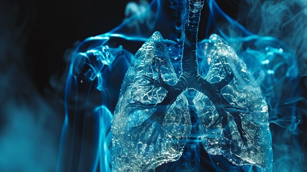 Foto representación 3d azul luminoso de los pulmones humanos que destaca la intrincada estructura de los sistemas respiratorios