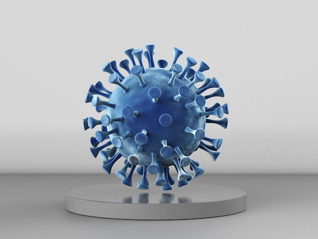 Representación 3D de bacterias azules o células de virus sobre fondo gris