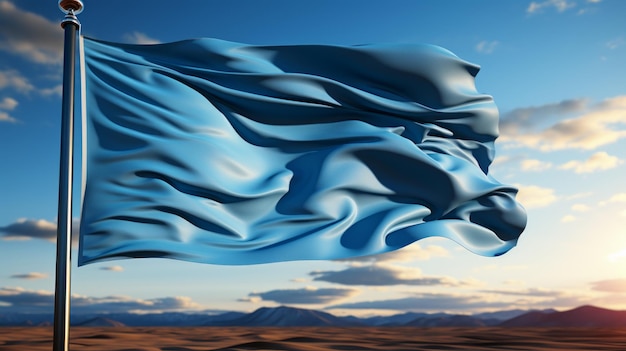 representación en 3D de una bandera azul ondeando en el viento contra un cielo nublado